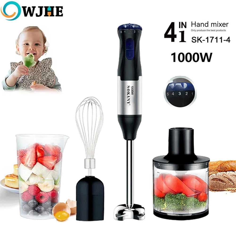 OWJHE 1000W 4in1 Electric Hand Blender,stainless steel blade hand blender, meat and vegetable,egg juicer set Baby Food Processor